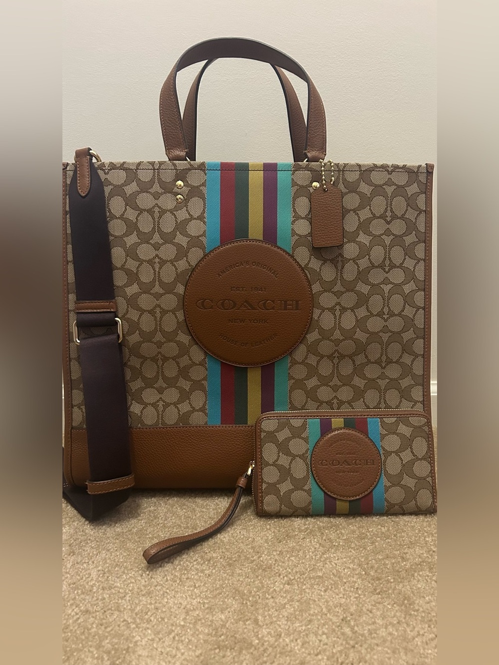 Coach Dempsey 40 Signature Canvas Tote with Multicolor Stripe and Wallet
